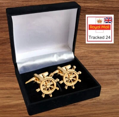 GOLD WHEEL MENS CUFFLINKS Wedding LUX Gift Suit SET SHIP IN CUFFLINK BOX UK - Image 1 of 4