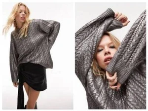 NWOT TopShop metallic printed cable sweater in silver SZ 8-10 $129 - Picture 1 of 4