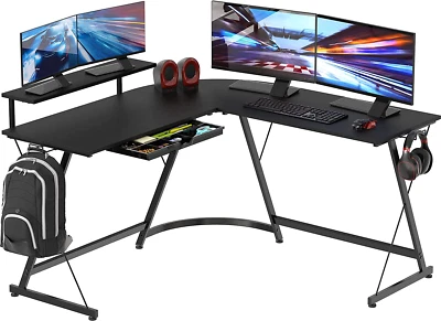 Gaming L-Shaped Computer Desk with Monitor Stand, Black/Walnut/White - Image 1 of 4