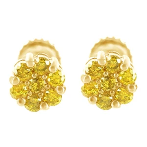 Flower Cluster Prong Set Canary Diamond 10k Yellow Gold Unisex New Earring Studs - Picture 1 of 6