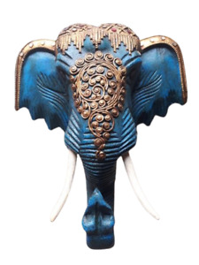 Wood Elephant Head Blue Thai Hand Carved Wall Art Home Decor Collectible