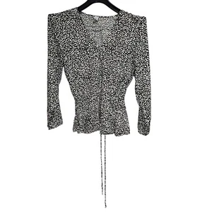Y2K Old Navy Top Leopard Faux Wrap Cheetah Peplum Large Flowy Shirt Black White - Picture 1 of 4