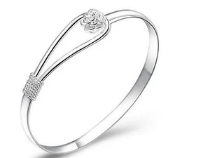 Brazalete de plata esterlina 925 estampado de alta calidad con flor rosa puño B15 - Imagen 1 de 4