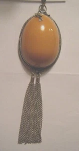 Vtg 65mm Huge Bakelite butterscotch cabochon sterling silver pendant w tassels - Picture 1 of 9
