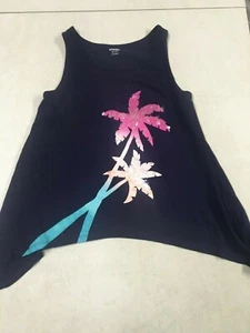 GYMBOREE SUN WASHED DAYS BLUE SEQUIN PALM TREES SLEEVELESS SHIRT GIRLS M  7   8  - Picture 1 of 2