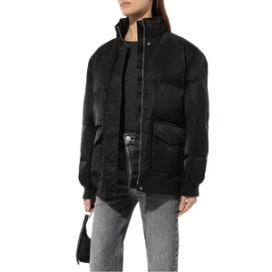 Theory Off Set Puffer Coat Jacket Black Aero Nylon Zip Button Women Size M/L NWT - Picture 1 of 8