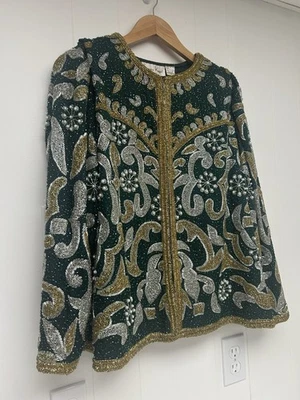 Laurence Kazar женщин бисером куртка зеленый изумруд золото серебро винтажный 80-х XL - Изображение 1 из 4