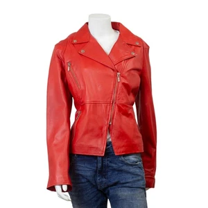 Feminin Touch Damen rot abgenutzt Leder super schmale Passform Biker Jacke Gr. 14 - Bild 1 von 5