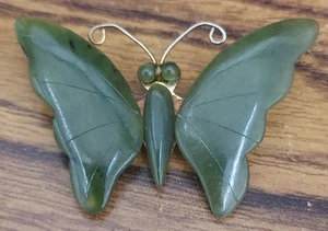 Vintage Green Nephrite Jade Butterfly Brooch Pin - Picture 1 of 8