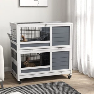 PawHut Rabbit Hutch, Indoor Wooden House w/ Wheels, Trays, Grey - Picture 1 of 11