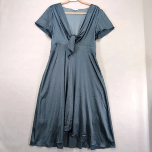 Baltic Born Mohn Satin Midikleid Gr. XL vorne zum Binden nachtblau Flatterärmel - Bild 1 von 10