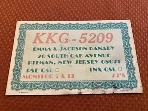 Tarjeta KKG-5209 CB RADIO EMMA & JACKSON KANADY Pitman, Nueva Jersey circa 1973 - Imagen 1 de 2