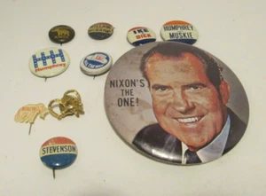 Vintage Lot Political Pinback Buttons Nixon Willkie Ike LBJ Humphrey Stevenson - Picture 1 of 6