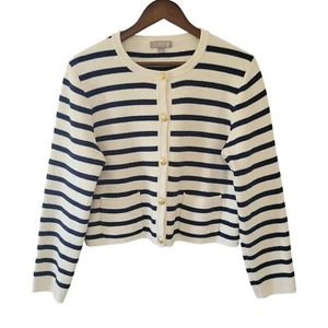 J.Crew Emilie Patch Pocket Striped Sweater Lady Jacket Cardigan Sz L Ivory Navy - Picture 1 of 8