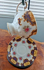 Rosina Fine Bone China Cup And Saucer Navy And Gold Roses - Picture 1 of 10