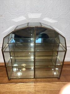 Vintage Brass & Glass Display Curio Cabinet 2 Shelves Mirror Back & Hinged Door