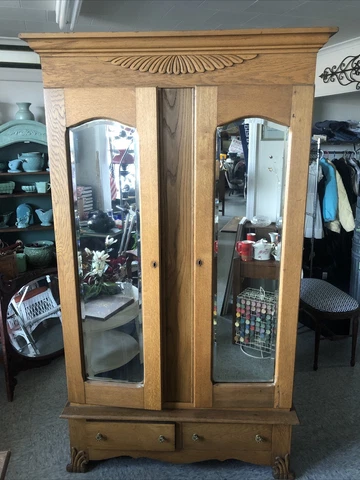 Antique Oak Knock Down Armoire with Mirrored Doors Cover
