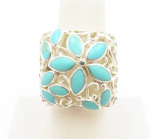 Sterling Silver Square Floral Turquoise Filigree Ring Size 7 - Picture 1 of 4