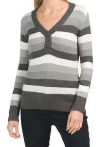 Talbots V Neck Bold Stripe Sweater Grey Size S - Picture 1 of 2