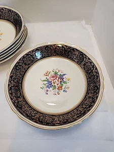 Grindley Cream Petal ENGLAND LEAMINGTON Soup Bowls Floral Gold Black Set Of 6 - Picture 1 of 3