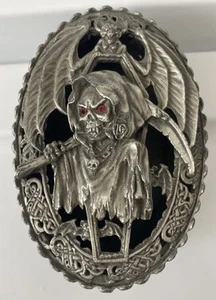 Mitos y Leyendas Parca Calaveras Murciélagos Peltre Gótico Caja Baratija Ovalada - Imagen 1 de 10