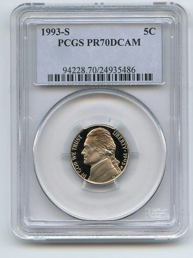 1993 S 5C Jefferson à prova de níquel PCGS PR70DCAM - Imagem 1 de 1