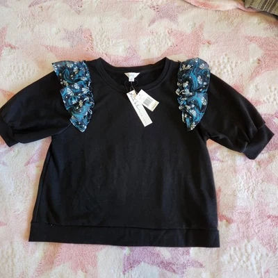 全新带标签 Nicole Miller NY 女式 L 码衬衫上衣短袖黑色荷叶边口音  — 第 1/4 张图片