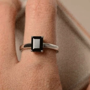 2.50Ct Emerald Cut Black Diamond Solitaire Engagement Ring 14K White Gold Finish - Picture 1 of 6