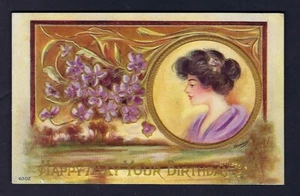 Postal de cumpleaños de principios de 1900, Reynolds cantado, dama victoriana, en relieve - Imagen 1 de 2