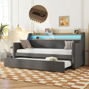 Twin Size Daybed w/ Trundle Bed, Upholstered Daybed w/ Charging Station and LED - Picture 1 of 17