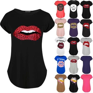 Womens Ladies Red Leopard Animal Lips Turn Up Cap Sleeve Curved Hem T Shirt Top - Picture 1 of 36