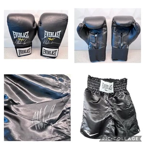 Von Mike Tyson signiertes Everlast Boxset 2 Handschuhe 1 Paar Trunks schwarz neu mit Etikett - Bild 1 von 8