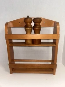 Vintage Wooden Salt Shaker & Pepper Grinder Mill Set 5.5" Tall Wood Japan & Rack - Picture 1 of 20