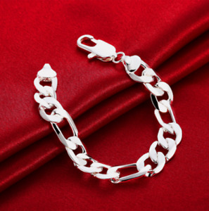 Mens Womens 925 Sterling Silver 12mm Figaro Cuban Flat Link Chain Bracelet #B429