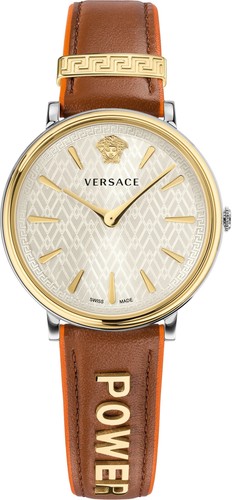 Versace VBP070017 V Circle Lady argento oro marrone pelle orologio da polso donna NUOVO
