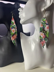 BOHO Seed Beaded Fringe Earrings Bright Multicolor Flower Handmade - Picture 1 of 12