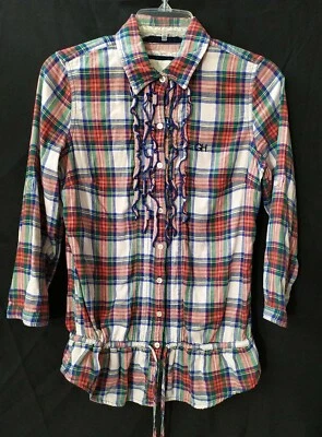 Gilly Hicks  Button Down cotton  Blouse lined Shirt ruffles Plaid red white Sz M - Image 1 of 4