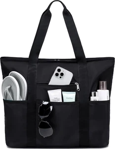 Large Beach Tote Bag Women Waterproof Beach Bag Sandproof Pool Bag Black Solid - Picture 1 of 11