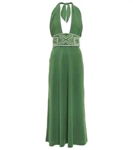 JOHANNA ORTIZ Dress Size L Green Halterneck Midi With Embroidered Sash - Picture 1 of 4