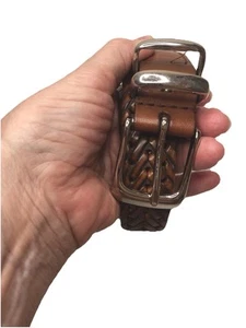 Genuine Leather Mens 34/85 Brown Woven Braided Leather Belt Silver Tipped - Picture 1 of 2