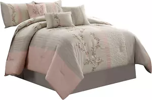 Linnea 7-Piece Luxury Blush Taupe Cherry Blossom Floral Embroidery Comforter Set - Picture 1 of 8
