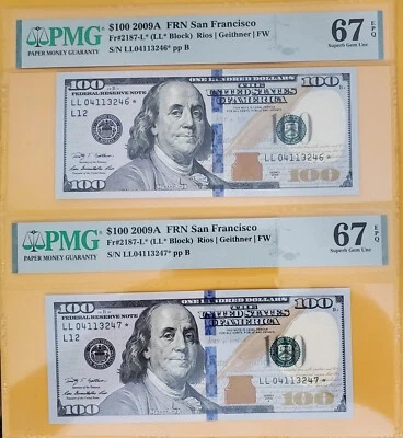 USA TWO $100 2009A CONSECUTIVE SERIAL,STAR NOTES ONE PMG HOLDER RARE HARD TO GET - Image 1 of 4