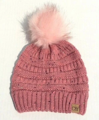 Gorro de invierno suave #H tejido rosa holgado para niños con confete con piel sintética Pom Foto 1 de 3
