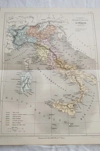 CARTE ANCIENNE COULEURS ITALIE PHYSIQUE POLITIQUE 1865 ATLAS BOUILLET R696 - Picture 1 of 1