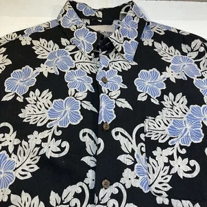VINTAGE SILK Brand Silk Linen Blend HAWAIIAN ALOHA BAHAMA SHIRT Sz XL Black - Picture 1 of 4