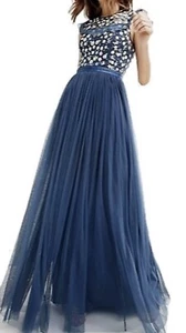 NEEDLE & THREAD Floral Sequin-Beaded & Tulle Blue Ditsy Maxi Gown Dress Sz 2 - Picture 1 of 17