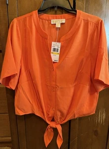 Michael Kors Tie-Front Blouse Short Sleeve Top Tangerine Size M NWT - Picture 1 of 5