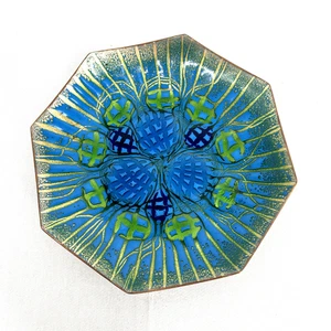 Piatto smaltato rame Annemarie Davidson blu verde astratto MCM 6" firmato - Foto 1 di 8