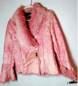 Outerwear by Lisa Vintage 90s Leopard & Rose Print w Pink Faux Fur Coat Size S - Bild 1 von 7
