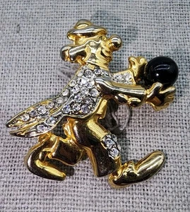 Goldtone Clown Carrying Black Ball Rhinestones On Overcoat Brooch Pin - Picture 1 of 6